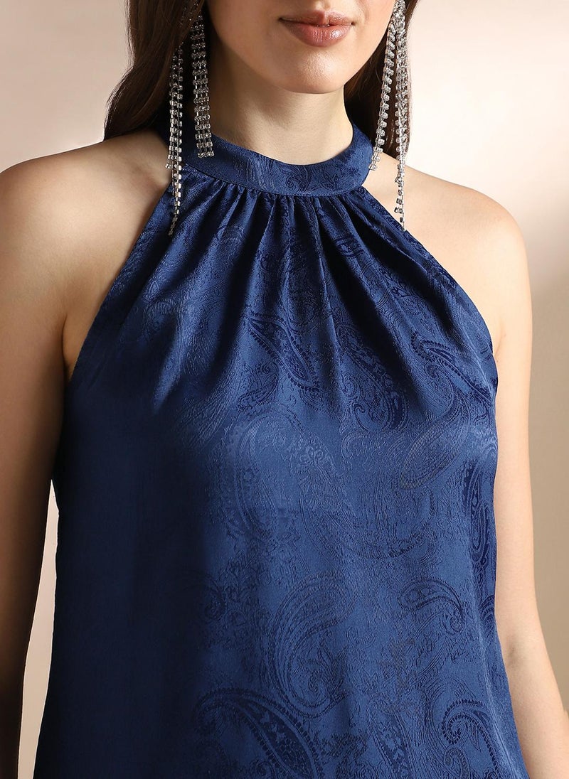 Globus Women Blue Halter Neck Self Design Sleeveless Top & Trousers Party Co-Ord Set - Image 5